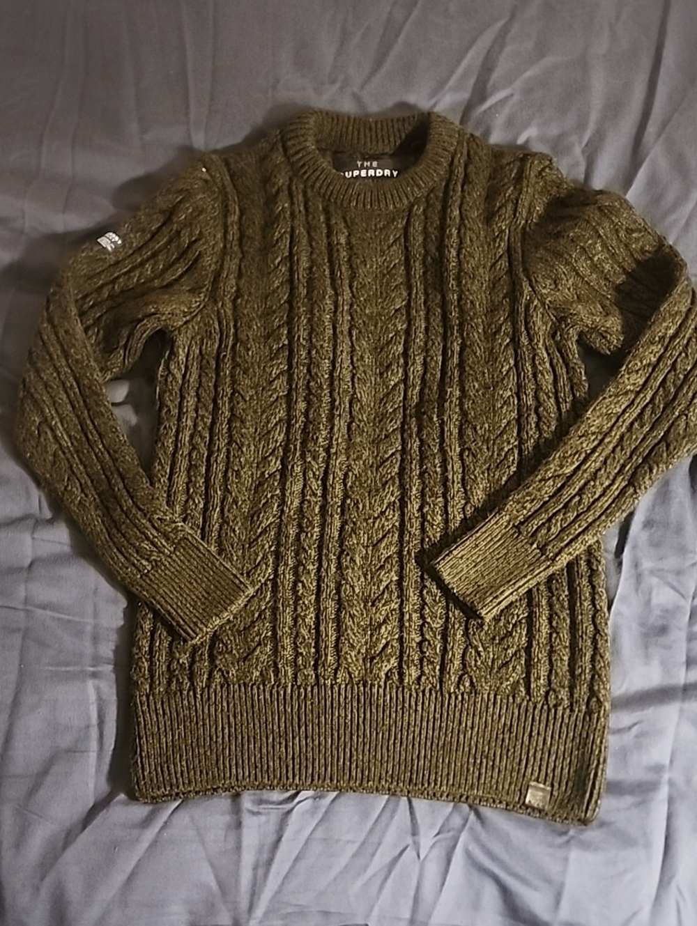 Cable Knit Crewneck Sweater - Green - Wool Blend Superdry Premium Knitwear Co